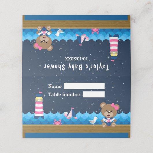 女の子ベアー航海のピンクのネイビーの赤ちゃんシャワー座席 プレイスカード (外部開封)