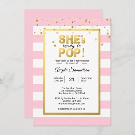 女の子ベイビーシャワーパーティー準備万端 ゴールド ピンク ポップ 招待状 (正面/裏面)