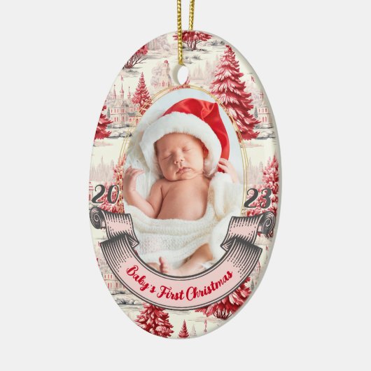 女の子ベビーの初めてのクリスマスツリーピンク&レッドフォト セラミックオーナメント (左)