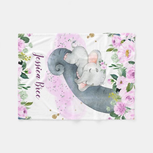 女の子ベビーの象で柔らかいピンクの花が咲く フリースブランケット (正面(横))