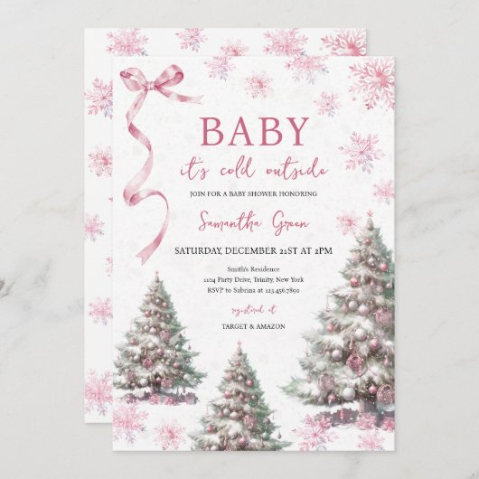 女の子ベビークリスマスの赤ちゃんシャワー外は寒い 招待状 (正面/裏面)