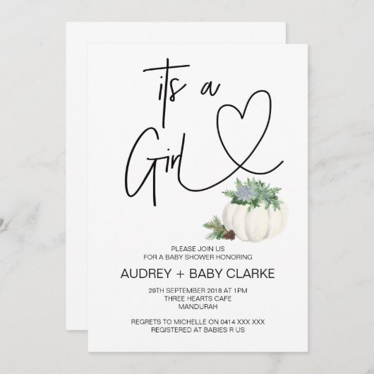 女の子ベビーシャワーパーティー感謝祭秋 招待状 (正面/裏面)