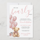 女の子ベビーシャワーパーティー Bearly Wait ピンクオールインワンベア 招待状 (正面)