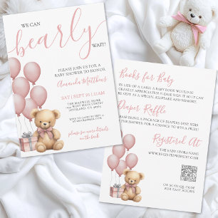 女の子ベビーシャワーパーティー Bearly Wait ピンクオールインワンベア 招待状