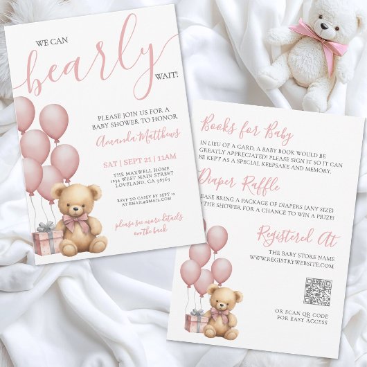 女の子ベビーシャワーパーティー Bearly Wait ピンクオールインワンベア 招待状