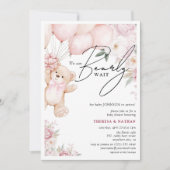 女の子ベビーシャワー Bearly Wait ピンクテディベアと花柄 招待状 (正面)
