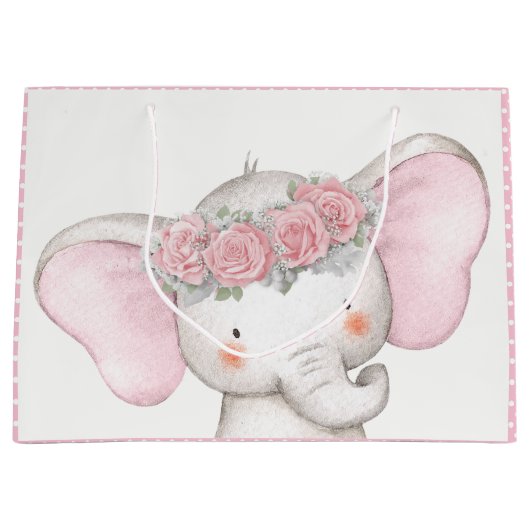 女の子ベビーゾウ赤ちゃんシャワー ラージペーパーバッグ (正面)