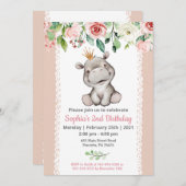 女の子ベビーヒッポバースデーパーティー招待 招待状 (正面/裏面)