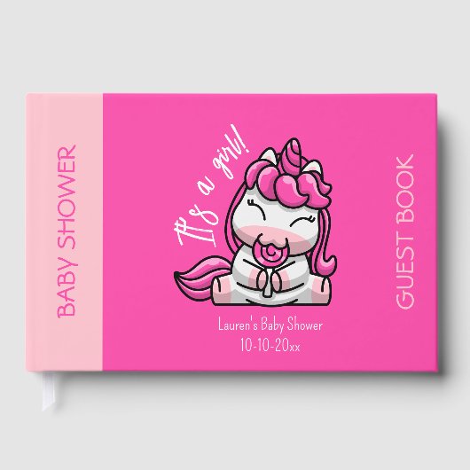 女の子ベビーピンクユニコーンジェンダーリビールパーティー ゲストブック (正面)