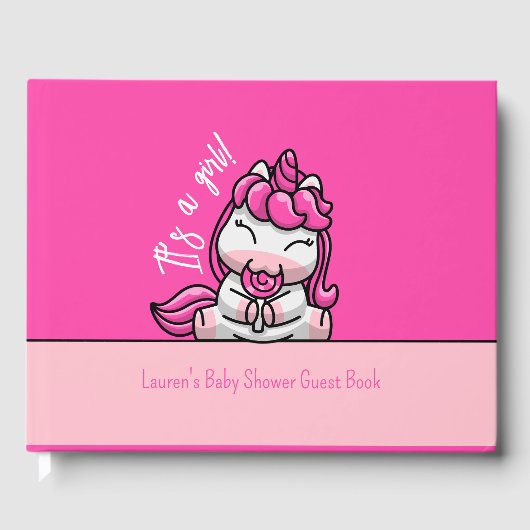 女の子ベビーピンクユニコーンジェンダーリビールパーティー ゲストブック (正面)