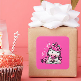 女の子ベビーピンクユニコーンジェンダーリビールパーティー スクエアシール