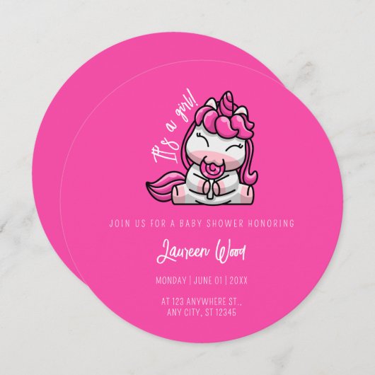 女の子ベビーピンクユニコーンジェンダーリビールパーティー 招待状 (正面/裏面)