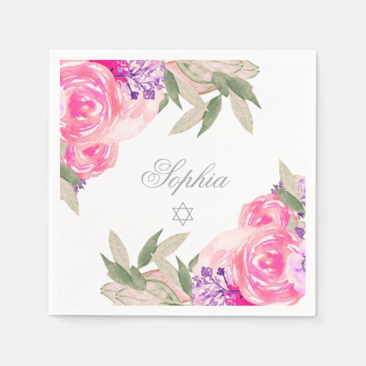 女の子ベビー命名式ヘブライ語フローラシルバー スタンダードカクテルナプキン (正面)