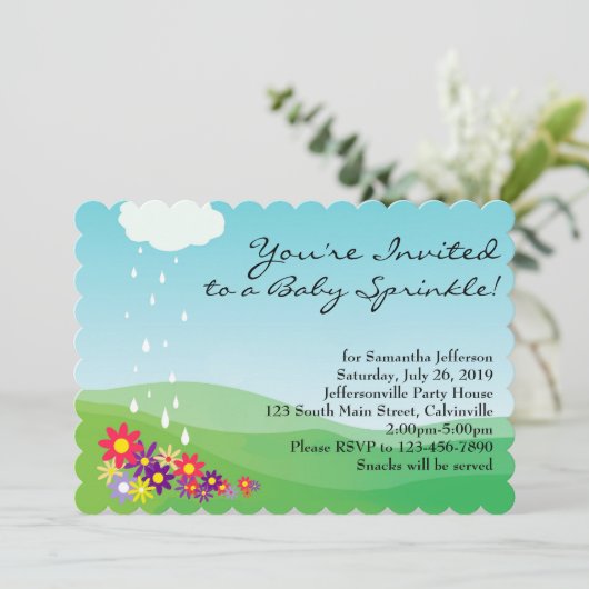 女の子ベビー散水招待状、花と雨 招待状 (スタンド正面)