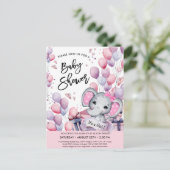 女の子ベビー象ピンクのバルーンかわいい赤ちゃんシャワー インビテーションポストカード (スタンド正面)