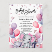 女の子ベビー象ピンクのバルーンかわいい赤ちゃんシャワー インビテーションポストカード (正面)