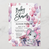 女の子ベビー象ピンクのバルーンかわいい赤ちゃんシャワー 招待状 (正面/裏面)