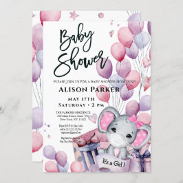 女の子ベビー象ピンクのバルーンかわいい赤ちゃんシャワー 招待状