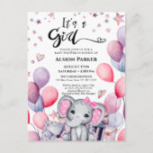 女の子ベビー象ピンクのバルーンベビーシャワー インビテーションポストカード (正面)