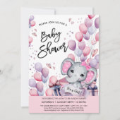 女の子ベビー象ピンクバルーン星ベビーシャワー 招待状 (正面)