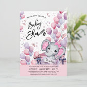 女の子ベビー象ピンクバルーン星ベビーシャワー 招待状 (スタンド正面)