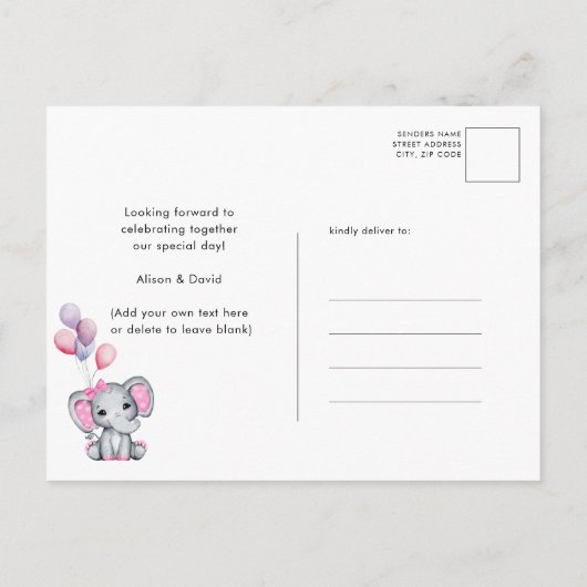 女の子ベビー象ピンクバルーン甘い赤ちゃんシャワー インビテーションポストカード (裏面)
