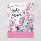 女の子ベビー象ピンクバルーン甘い赤ちゃんシャワー インビテーションポストカード (正面)