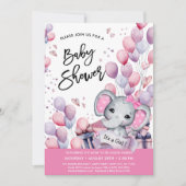 女の子ベビー象ピンクバルーン甘い赤ちゃんシャワー 招待状 (正面)