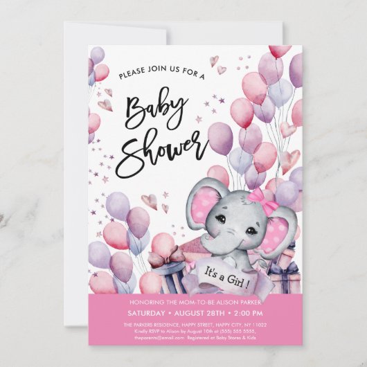 女の子ベビー象ピンクバルーン甘い赤ちゃんシャワー 招待状 (正面)
