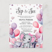 女の子ベビー象ピンクバルーンSIPと参照 インビテーションポストカード (正面)