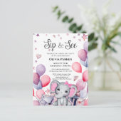 女の子ベビー象ピンクバルーンSIPと参照 インビテーションポストカード (スタンド正面)