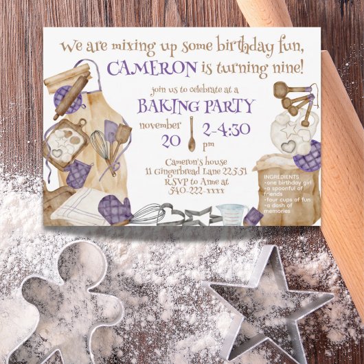 女の子ベーキングテーマ誕生日パーティパープル 招待状