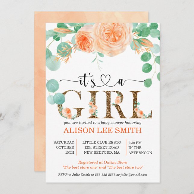 女の子ボタニカルティール（緑がかった色）とオレンジ色の赤ちゃんシャワー (正面/裏面)