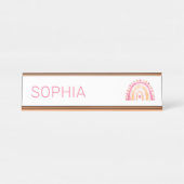 女の子ボホウォーター色レインボーinピンクパーソナライズされた デスクネームプレート (正面)