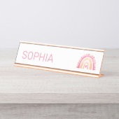 女の子ボホウォーター色レインボーinピンクパーソナライズされた デスクネームプレート (正面)