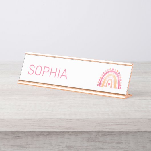女の子ボホウォーター色レインボーinピンクパーソナライズされた デスクネームプレート (正面)