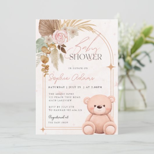 女の子ボホテディベアピンク赤ちゃんシャワー 招待状 (スタンド正面)