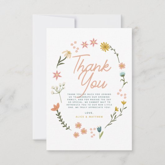 女の子ボホワイルドフラワーありがとう赤ちゃんシャワー サンキューカード (正面)