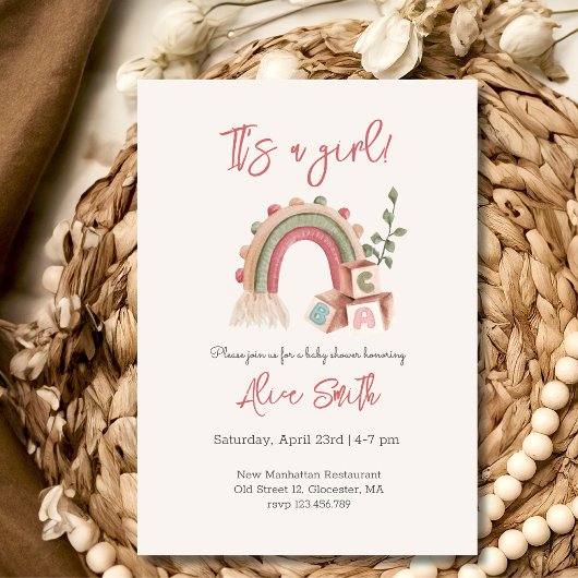 女の子ボホ虹の赤ちゃんシャワー 招待状