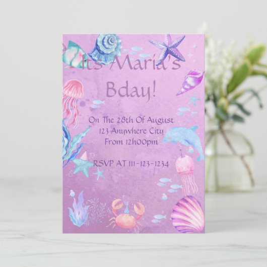 女の子マーメイドシーテーマ、パーティーデジタル招待状 招待状 (スタンド正面)