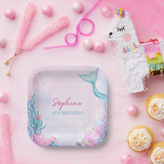 女の子マーメイド誕生日パーティー水色 ペーパープレート (パーティー)