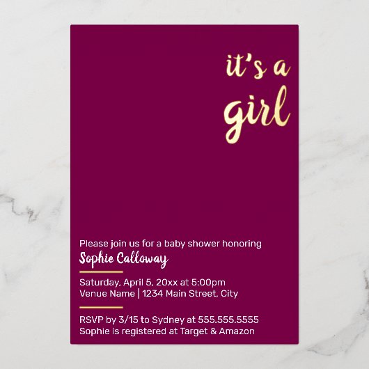 女の子ミニマルなベビーシャワー 箔招待状 (正面)