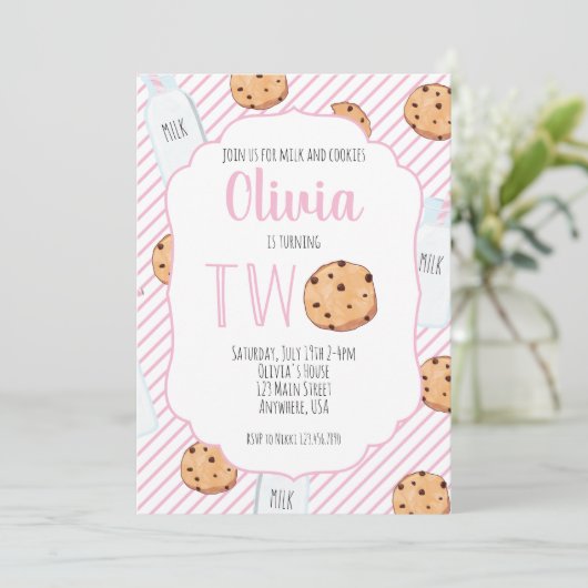 女の子ミルクとクッキーのピンクの2番目の誕生日 招待状 (スタンド正面)