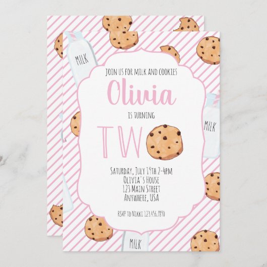 女の子ミルクとクッキーのピンクの2番目の誕生日 招待状 (正面/裏面)