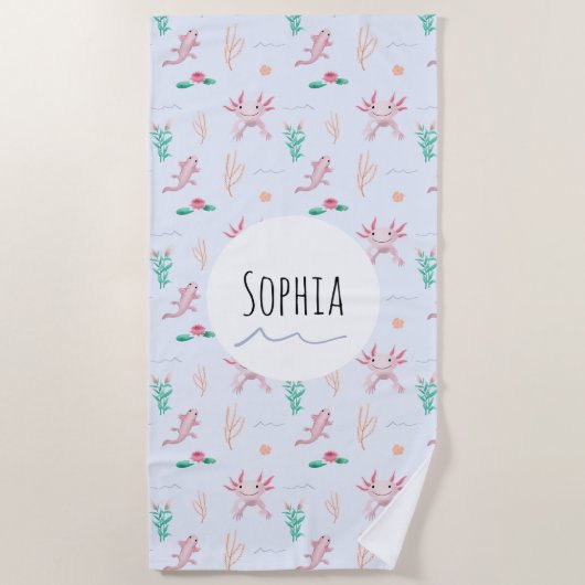 女の子モダンと可愛いAxolotlパターンキッズビーチ ビーチタオル (正面)