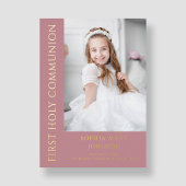 女の子モダン写真ピンク最初の聖餐式金ゴールド 箔招待状