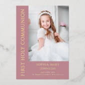 女の子モダン写真ピンク最初の聖餐式金ゴールド 箔招待状 (正面)