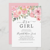 女の子モダン赤面ピンクフローラ赤ちゃんシャワー 招待状 (正面/裏面)