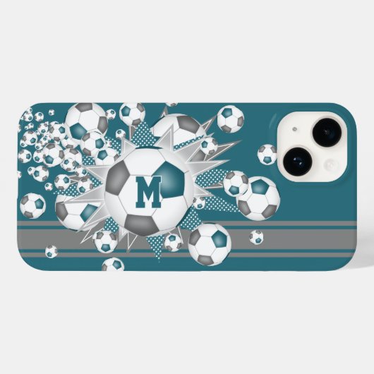 女の子モノグラムのサッカーボール星グレーティール(緑がかった色) Case-Mate iPhoneケース (裏面 (横))