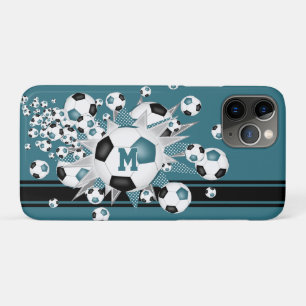 女の子モノグラムのサッカーボール星ティール(緑がかった色)ブラック iPhone 11 PROケース